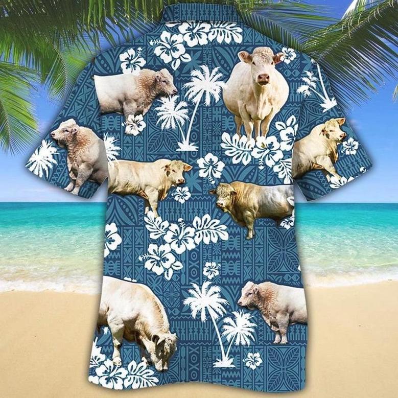 Charolais Cattle Blue Tribal All Over Printed Hawaiian Shirt, Farm Hawaiian Shirt, Farmer Hawaii