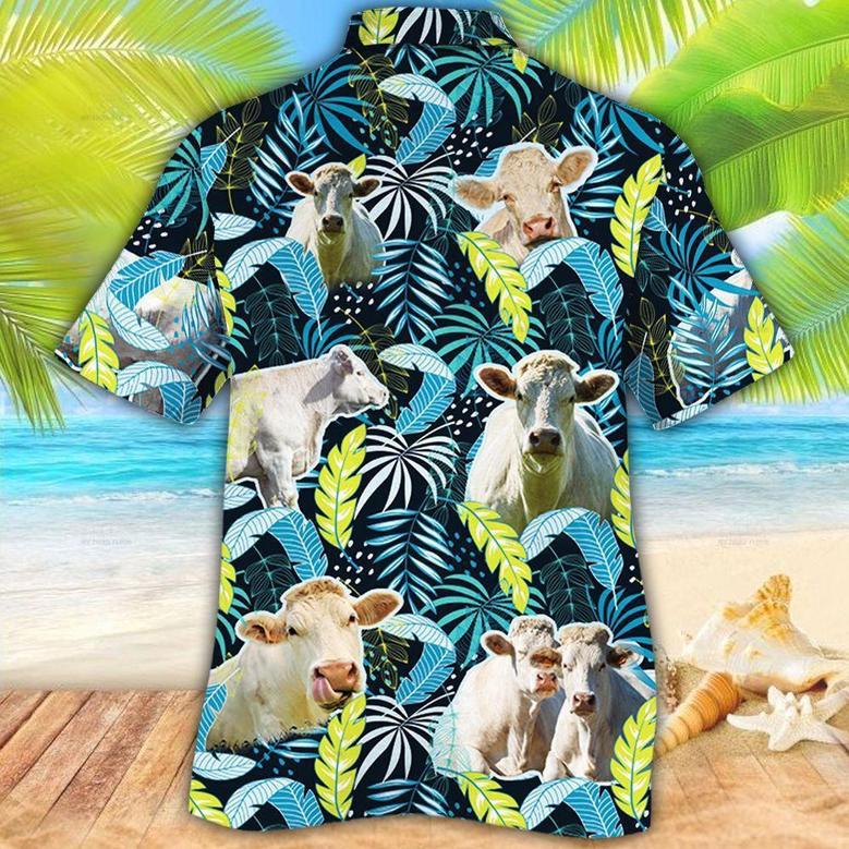 Charolais Cattle Jungle Leaves All Over Printed Hawaiian Shirt, Farm Hawaiian Shirt, Farmer Hawaii