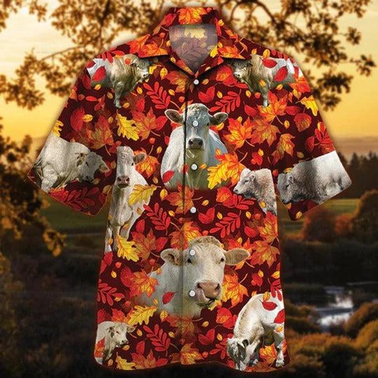 Charolais Cattle Lovers Autumn Red Leaves Hawaiian Shirt, Unisex Print Aloha Short Sleeve Casual Shirt