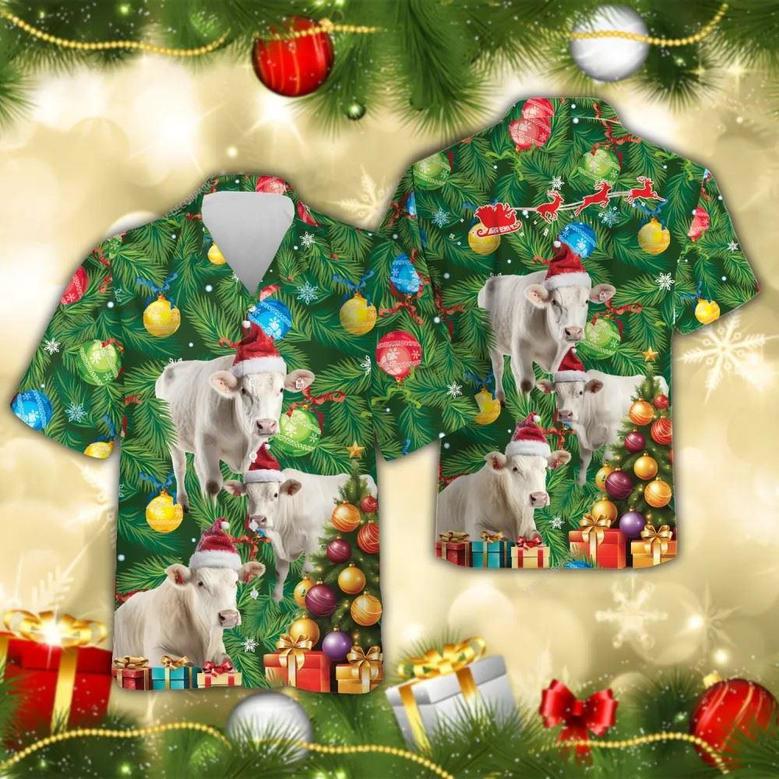 Charolais Cow Christmas Tree Hawaiian Beach Shirts, Xmas Hawaiian Shirts