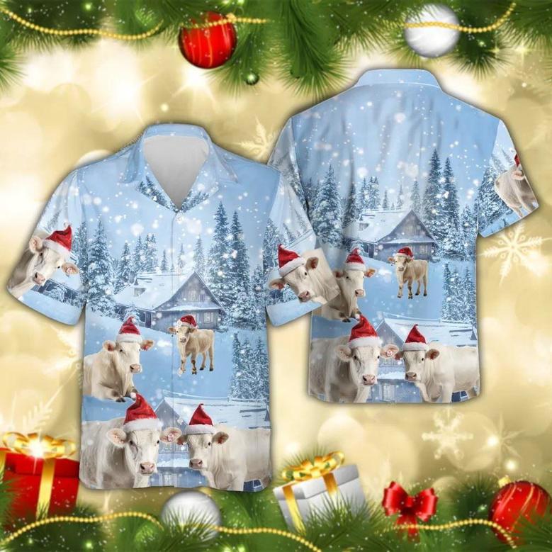 Charolais Cow Snowy Christmas Hawaiian Beach Shirts, Xmas Hawaiian Shirts