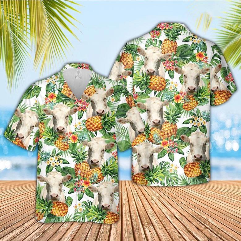 Charolais Pineapple Pattern Hawaiian Shirt, Farm Hawaiian Shirt, Farmer Hawaii