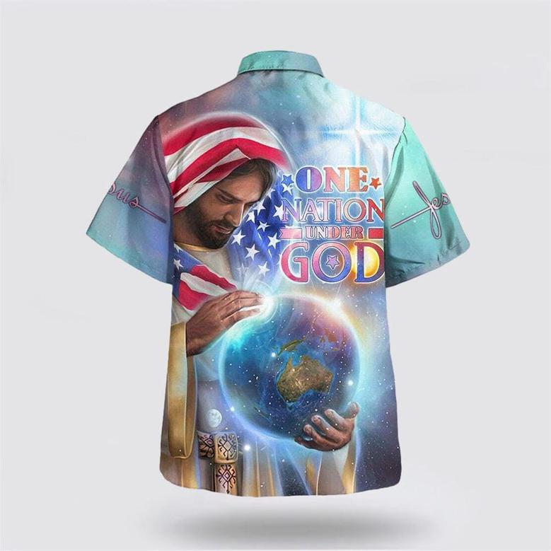 Christian Hawaiian Shirt, One Nation Under God Jesus Holding Earth American Flag Independence Day Hawaiian Shirt