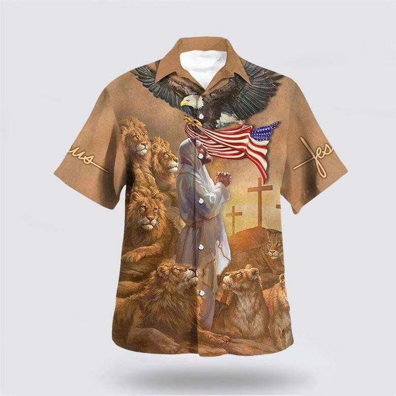 Christian Hawaiian Shirt, Us Flag Jesus Pray Lion Cross Christian Hawaiian Shirt