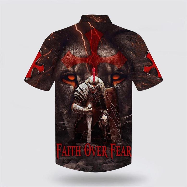 Christian Hawaiian Shirt, Warrior Of Christ Lion Cross Faith Over Fear Hawaiian Shirts