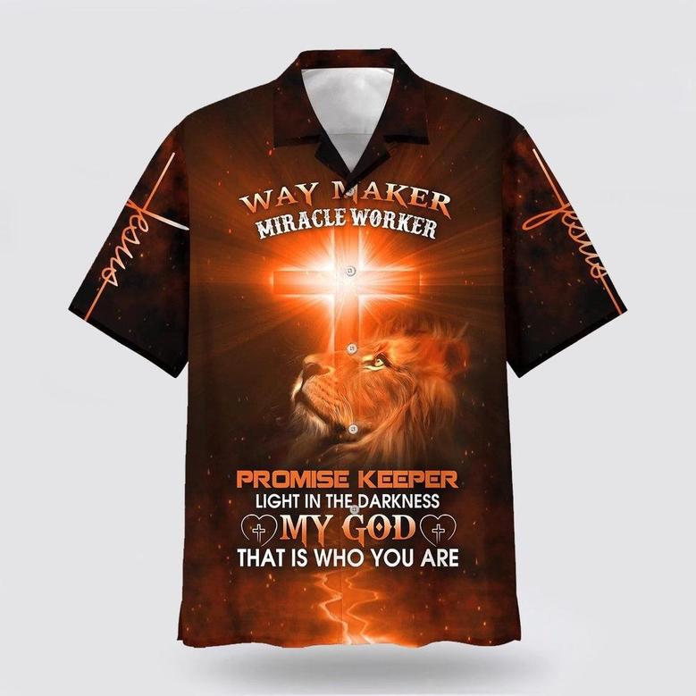 Christian Hawaiian Shirt, Way Maker Miracle Worker Promise Keeper Light In The Darkness My God That Is Who You Are Lion Cross Hawaiian Shirt