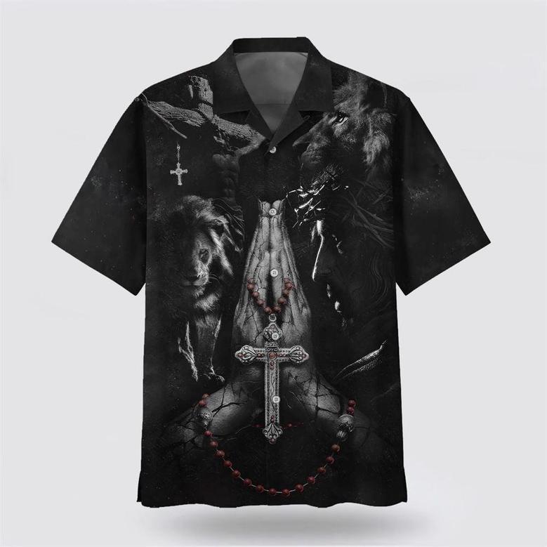 Christian Hawaiian Shirt, Jesus Hands Praying Lion Hawaiian Shirts