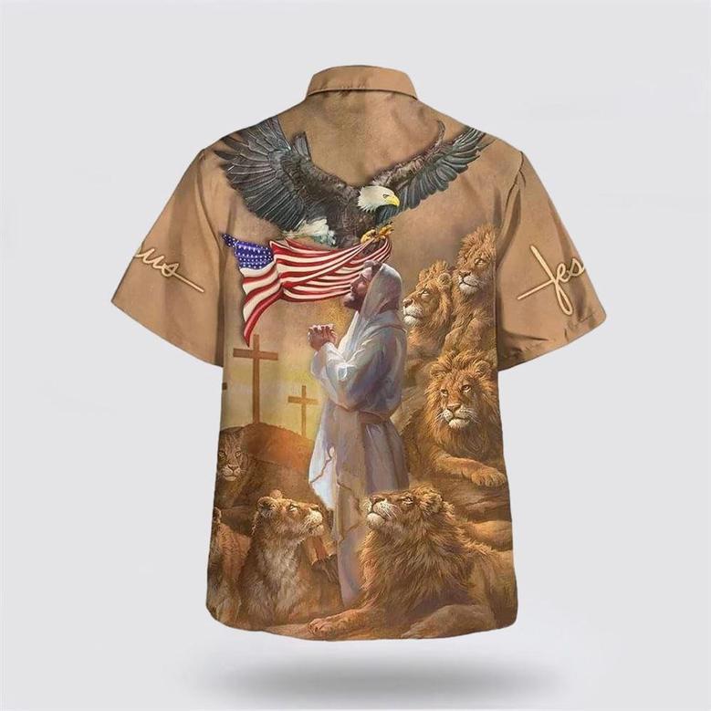 Christian Hawaiian Shirt, Us Flag Jesus Pray Lion Cross Christian Hawaiian Shirt