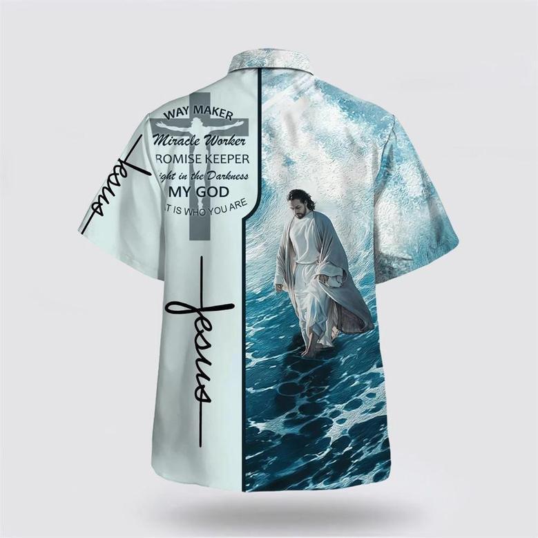 Christian Hawaiian Shirt, Way Maker Miracle Worker Promise Keeper Light In The Darkness Jesus Walking On Water Hawaiian Shirt