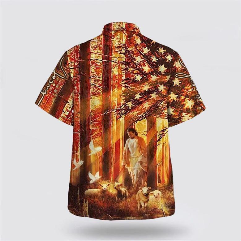 Christian Hawaiian Shirt, Us Flag Jesus Walking In The Forest With The Sheep Hawaiian Shirt