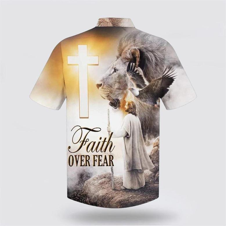 Christian Hawaiian Shirt, Christian Faith Over Fear Jesus And The Lion And Eagle Religion Hawaiian Shirt