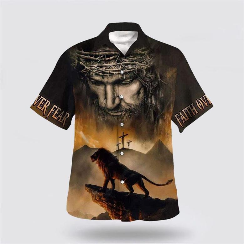 Christian Hawaiian Shirt, Faith Over Fear Bible Verse Jesus And Lion Religion Hawaiian Shirt