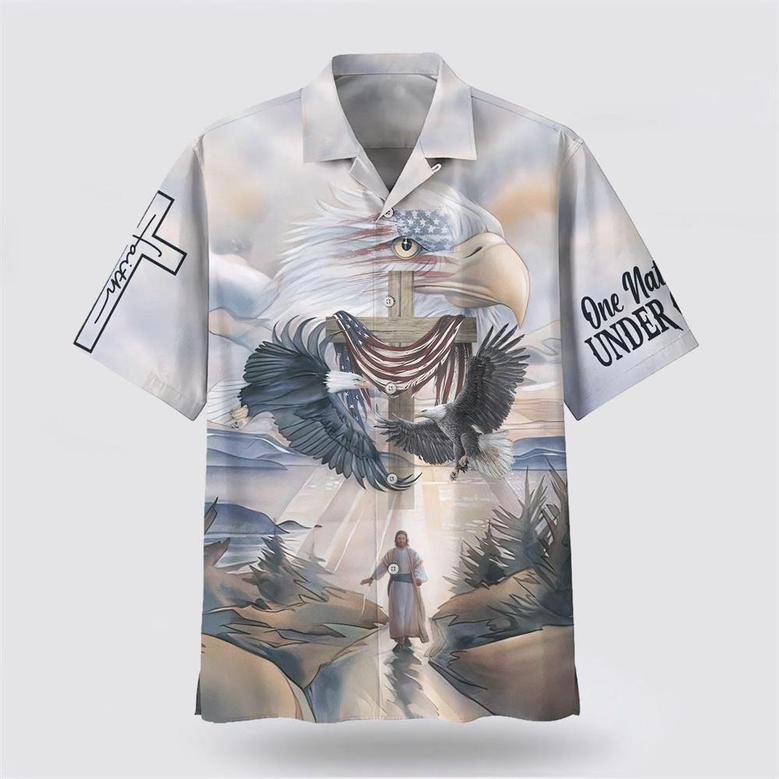 Christian Hawaiian Shirt, Eagles Flying Around Cross United States One Nation Under God Hawaiian Shirts