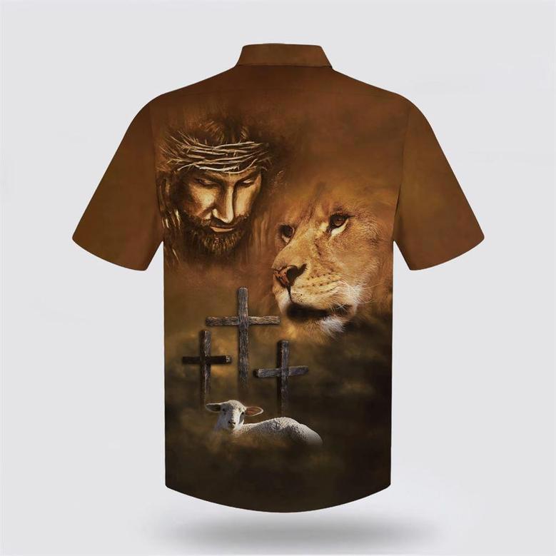 Christian Hawaiian Shirt, Jesus Lion And The Lamb Three Cross Hawaiian Shirts