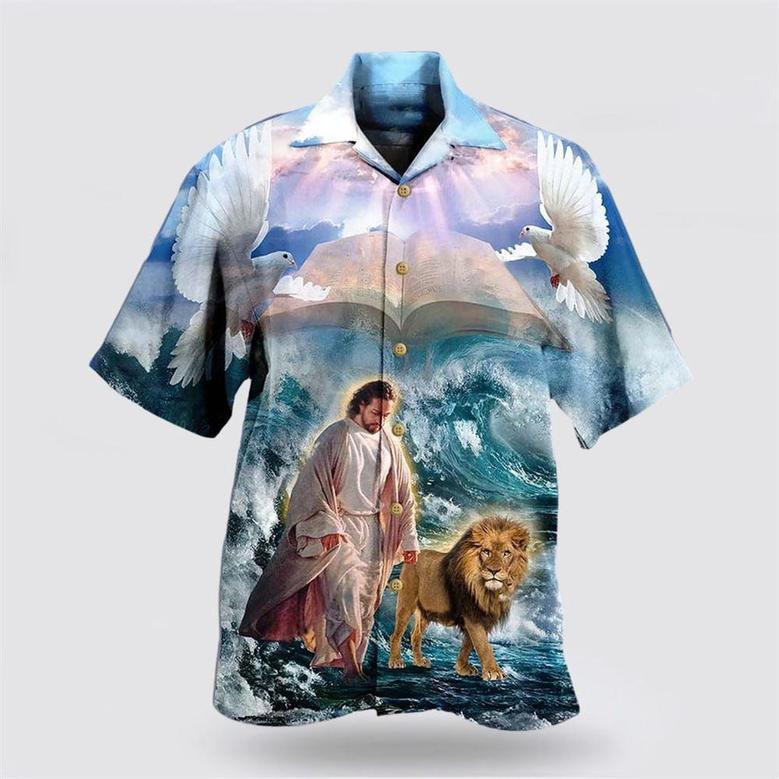 Christian Hawaiian Shirt, Lion And Jesus Walk On Water Christian Hawaiian Shirts