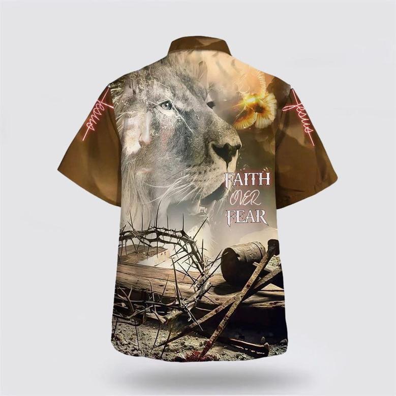 Christian Hawaiian Shirt, Faith Over Fear Hawaiian Shirt, Lion And Crown Of Thorns Hawaiian Shirts For Men