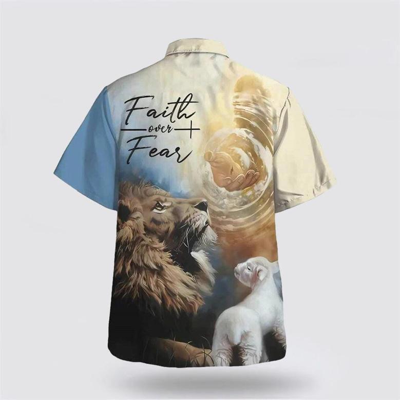 Christian Hawaiian Shirt, Faith Over Fear Jesus Lion And Lamb Christian Bible Verse