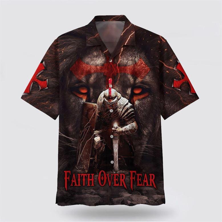 Christian Hawaiian Shirt, Warrior Of Christ Lion Cross Faith Over Fear Hawaiian Shirts