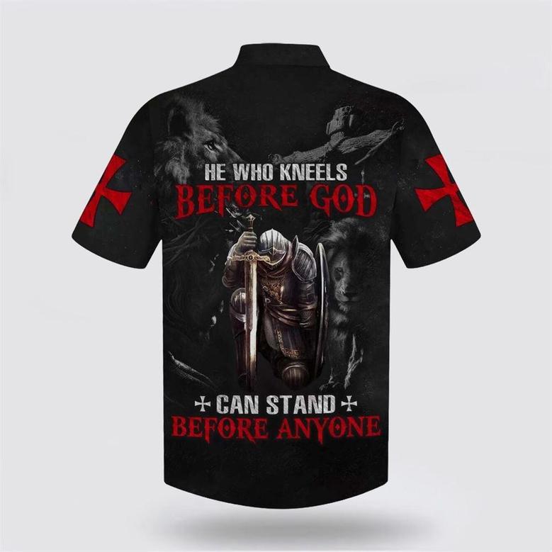 Christian Hawaiian Shirt, Knight Armor Of God Lion He Who Kneels Before God Can Stand Before Anyone Christian Faith Hawaiian Shirt