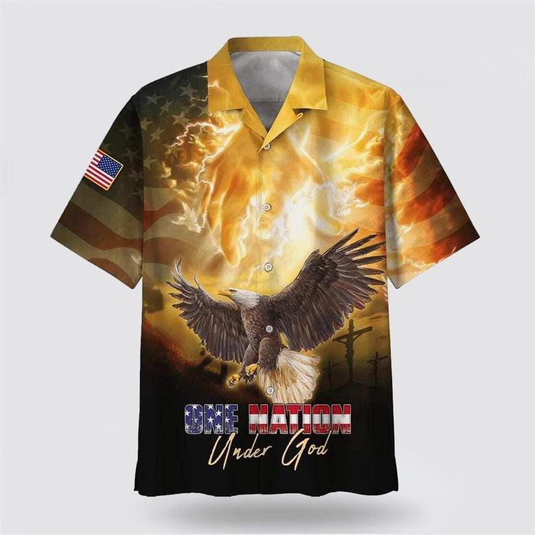 Christian Hawaiian Shirt, Independence Day American Flag One Nation Under God Eagle Christian Faith Hawaiian Shirt