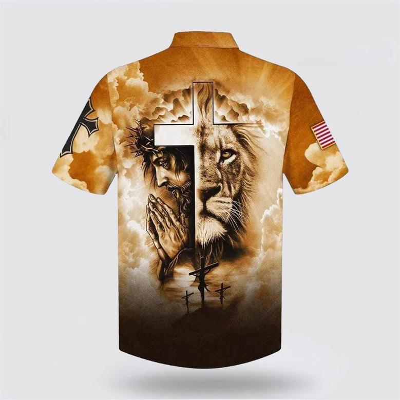 Christian Hawaiian Shirt, Us Flag Lion Pray With Jesus On The Cross Christian Faith Hawaiian Shirt