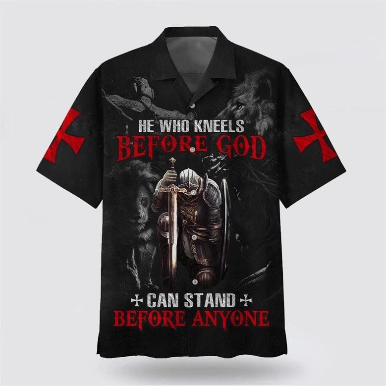 Christian Hawaiian Shirt, Knight Armor Of God Lion He Who Kneels Before God Can Stand Before Anyone Christian Faith Hawaiian Shirt