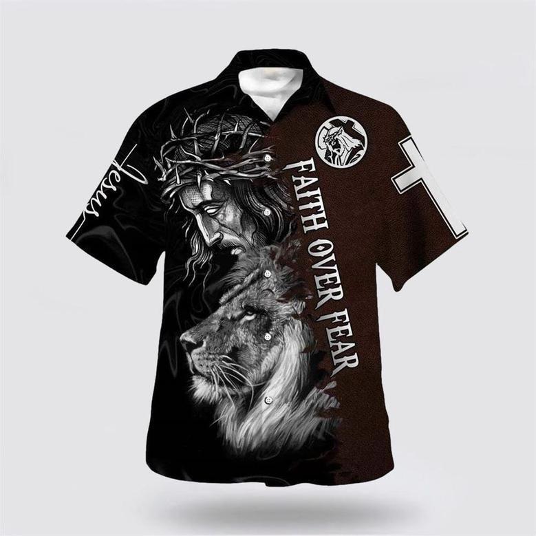 Christian Hawaiian Shirt, Jesus And Lion Bible Verse Faith Over Fear Hawaiian Shirt