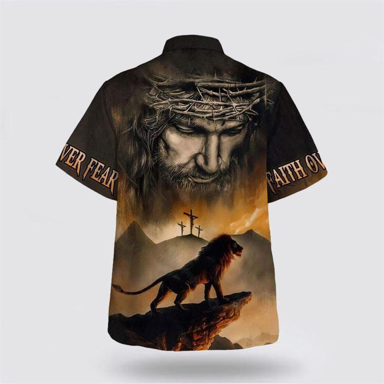 Christian Hawaiian Shirt, Faith Over Fear Bible Verse Jesus And Lion Religion Hawaiian Shirt