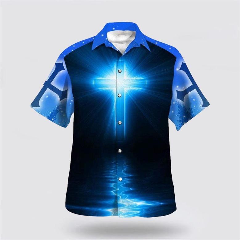 Christian Hawaiian Shirt, Christian Cross Blue Galaxy Christian Faith Religious Hawaiian Shirt