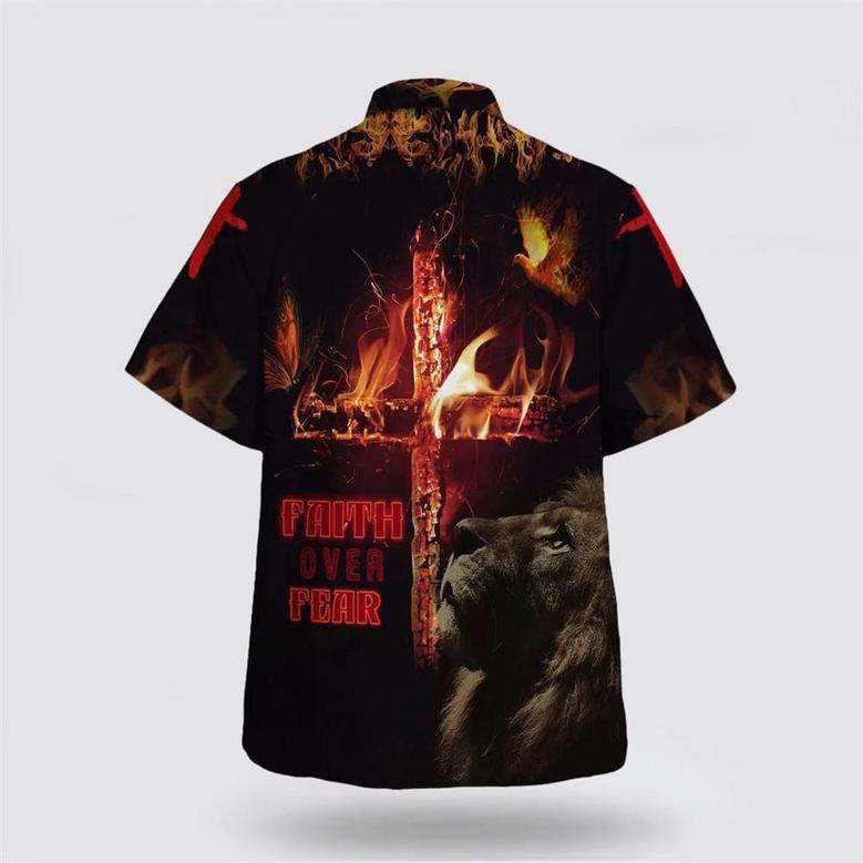 Christian Hawaiian Shirt, Lion Cross Faith Over Fear Hawaiian Shirts For Men