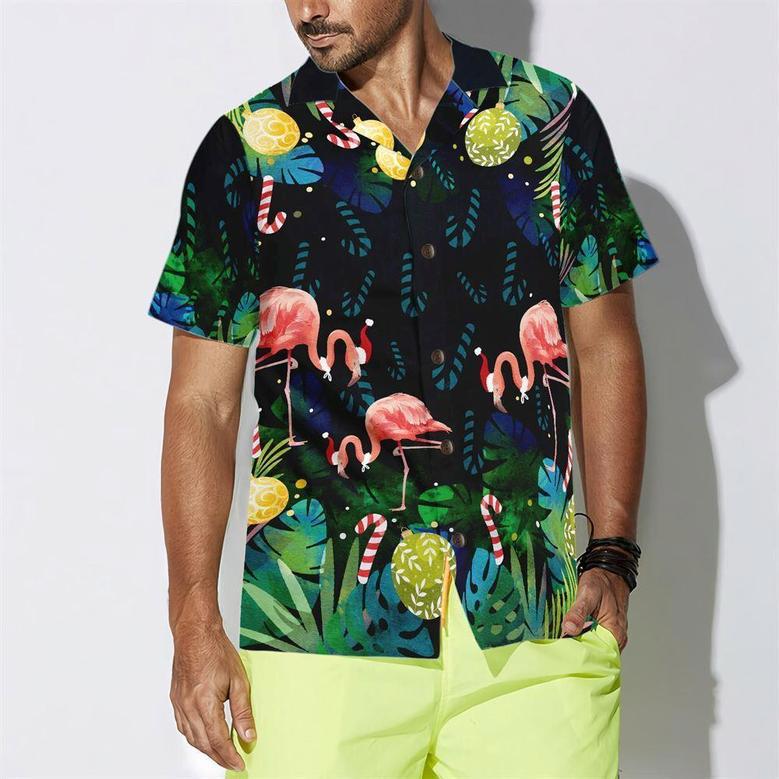 Christmas Flamingo Tropical Hawaiian Shirt Button Down Shirt, Xmas Hawaiian Shirts