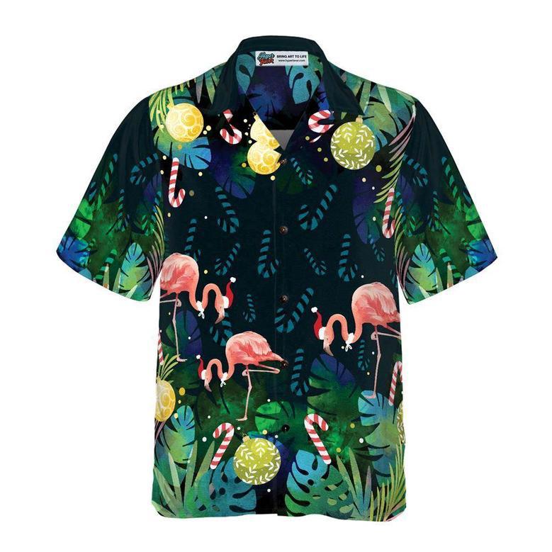 Christmas Flamingo Tropical Hawaiian Shirt Button Down Shirt, Xmas Hawaiian Shirts