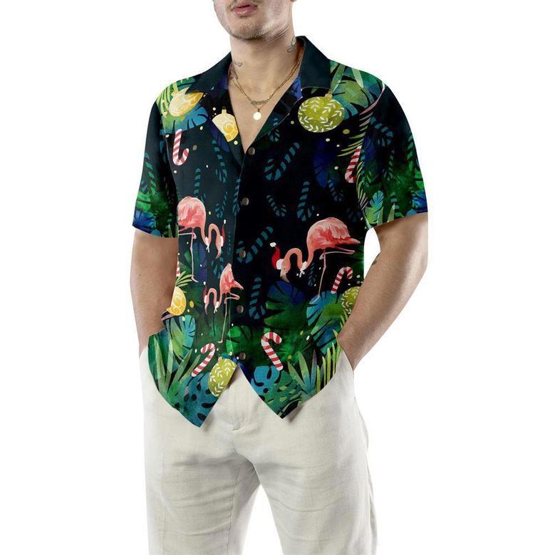 Christmas Flamingo Tropical Hawaiian Shirt Button Down Shirt, Xmas Hawaiian Shirts