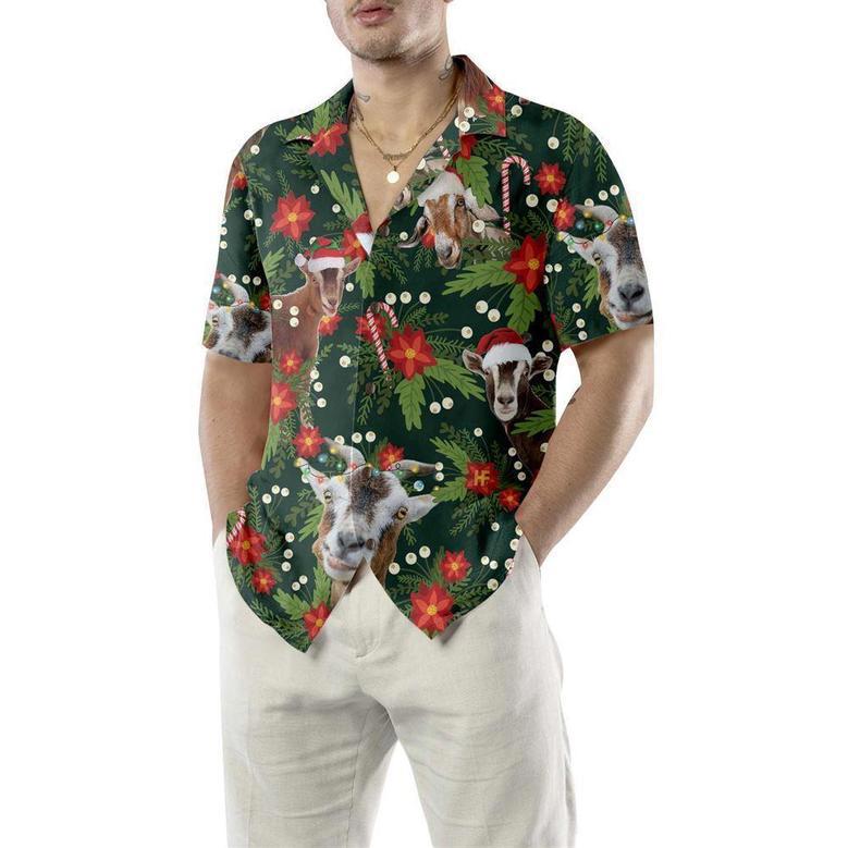 Christmas Goat With Poinsettia Flower Hawaiian Shirt, Xmas Hawaiian Shirts