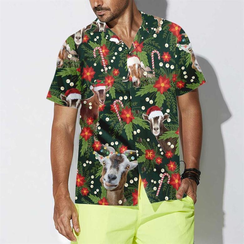 Christmas Goat With Poinsettia Flower Hawaiian Shirt, Xmas Hawaiian Shirts