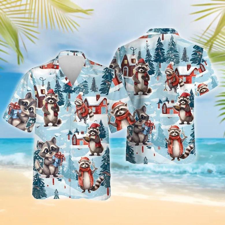 Christmas Raccoon Snowy Raccoon Summer Hawaiian Shirt, Xmas Hawaiian Shirts