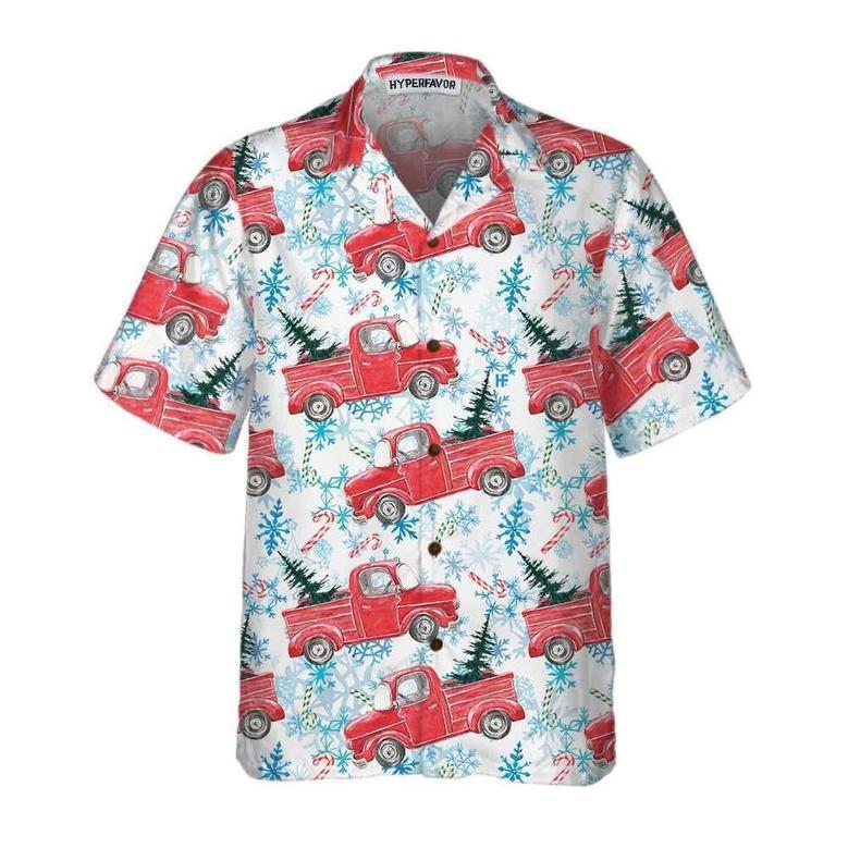 Christmas Red Retro Truck With Candy Cane Hawaiian Shirt, Xmas Hawaiian Shirts