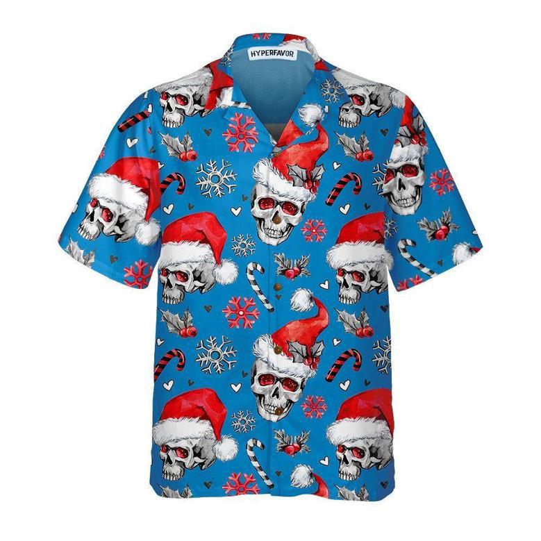 Christmas Skulls With Candy Canes Blue Version Christmas Hawaiian Shirt, Xmas Hawaiian Shirts