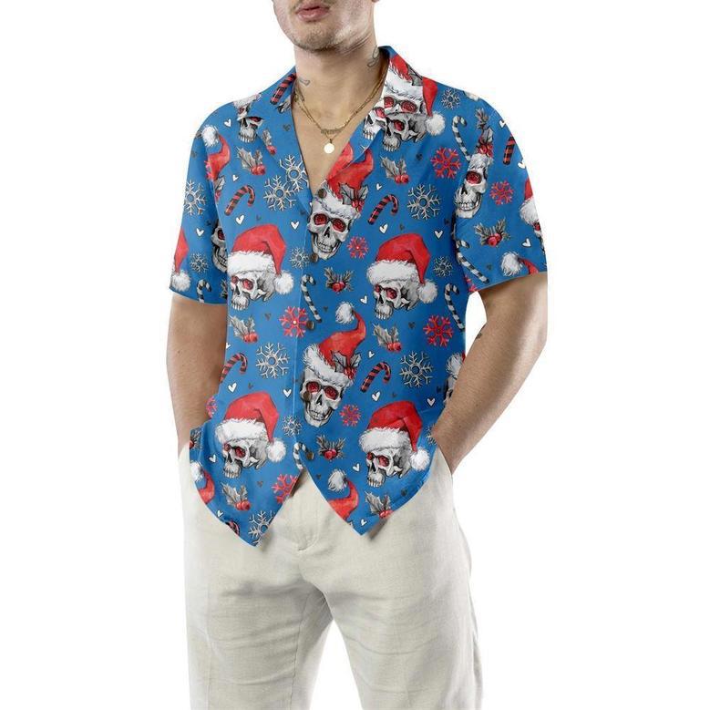 Christmas Skulls With Candy Canes Blue Version Christmas Hawaiian Shirt, Xmas Hawaiian Shirts