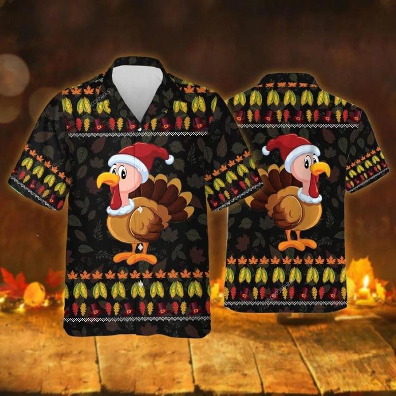 Christmas Turkey Thanksgiving Aloha Button Down Hawaiian Shirt, Xmas Hawaiian Shirts