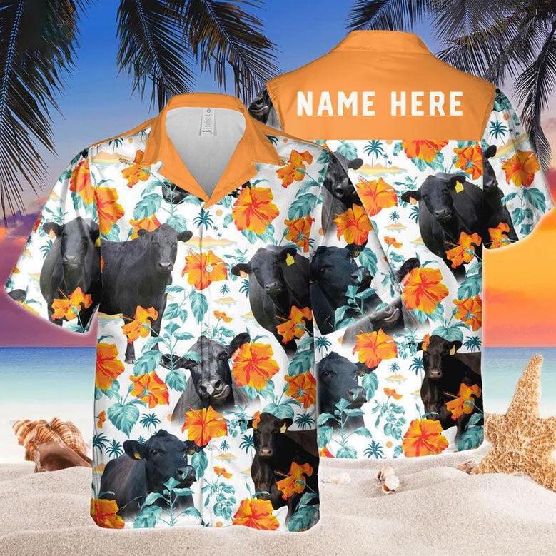 Custom Name Black Angus Hibiscus Flowers All Printed Hawaiian Shirt