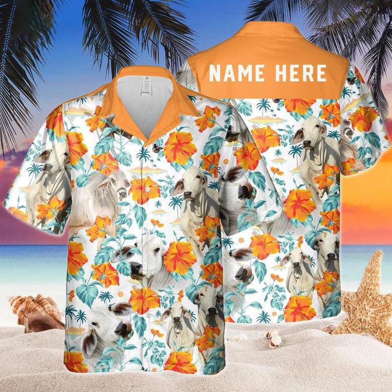 Custom Name Brahman Cow Hibiscus Flowers All Printed Hawaiian Shirt