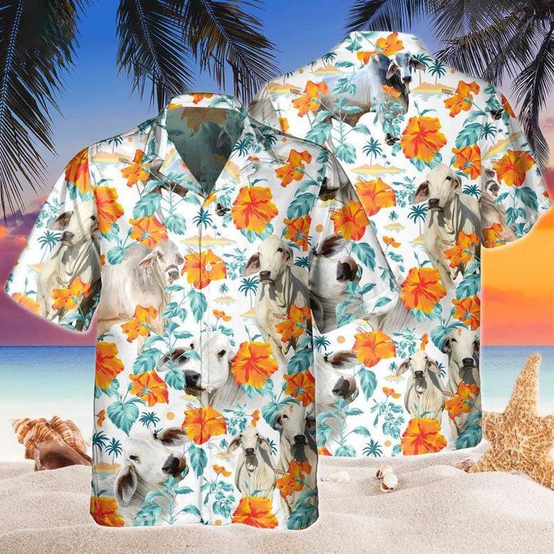 Custom Name Brahman Cow Hibiscus Flowers All Printed Hawaiian Shirt