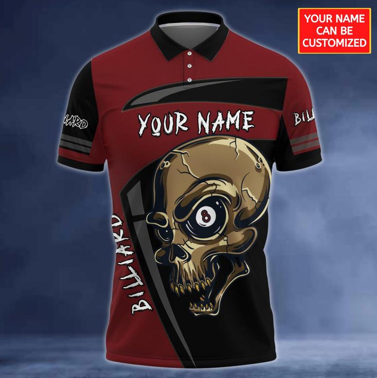 Custom Name Skull Billiard Shirt Men, Billiard Polo Shirt Skull Pattern, Billiard Club Shirts
