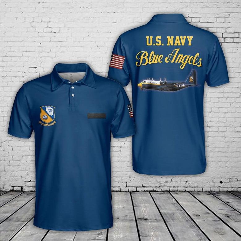 Custom Name U.S. Navy Blue Angels Lockheed New Fat Albert Polo Shirt, Veteran Polo Shirt
