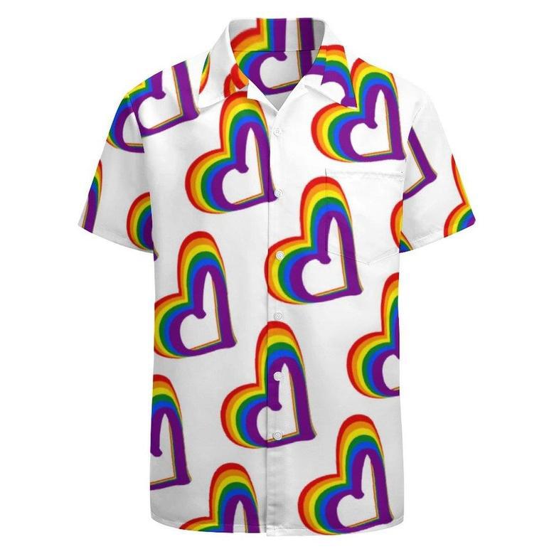 Cute Lgbt Rainbow Flag Hearts Pattern Gay Pride Hawaiian Vintage Shirt Mens Button Down Tropical Hawaii Beach Shirts