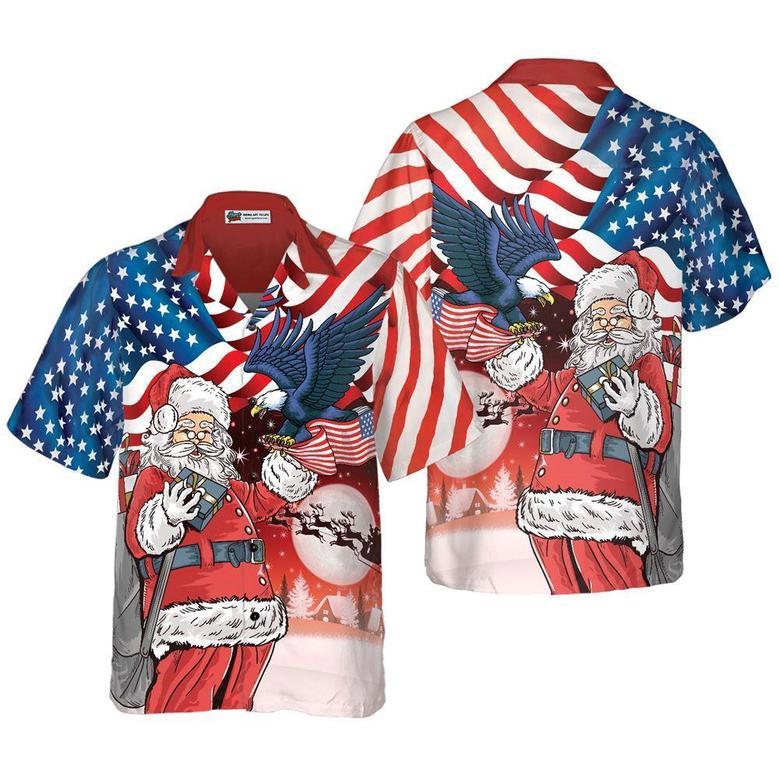 Eagle Perched On Santa's Hand With American Flag Background Hawaiian Shirt, Xmas Hawaiian Shirts