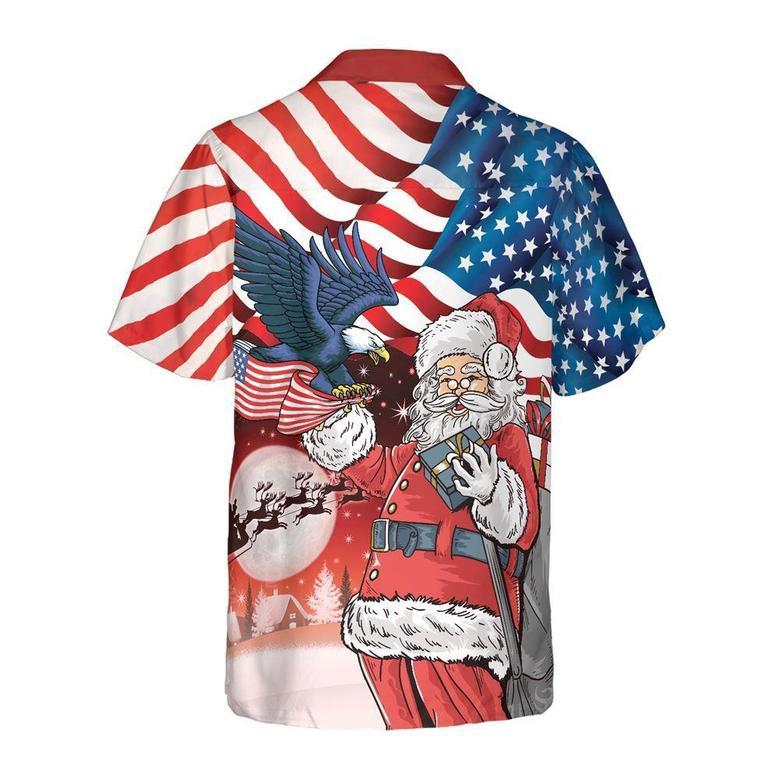 Eagle Perched On Santa's Hand With American Flag Background Hawaiian Shirt, Xmas Hawaiian Shirts