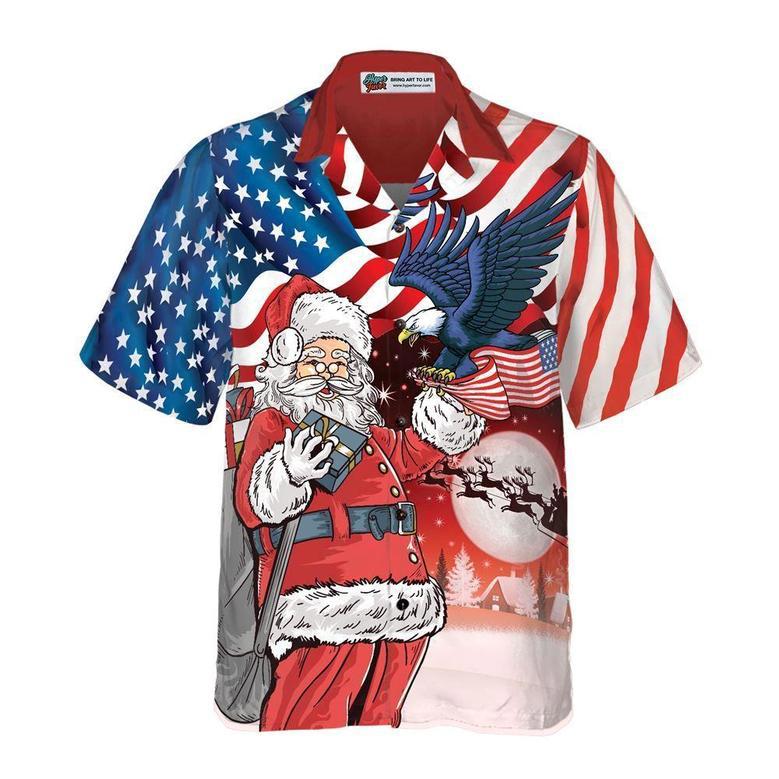 Eagle Perched On Santa's Hand With American Flag Background Hawaiian Shirt, Xmas Hawaiian Shirts