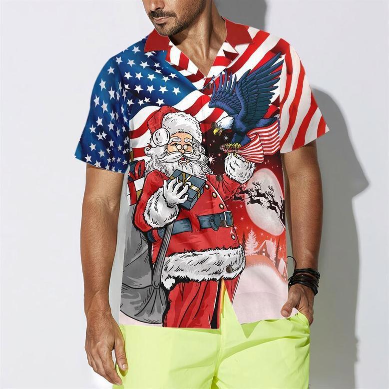 Eagle Perched On Santa's Hand With American Flag Background Hawaiian Shirt, Xmas Hawaiian Shirts